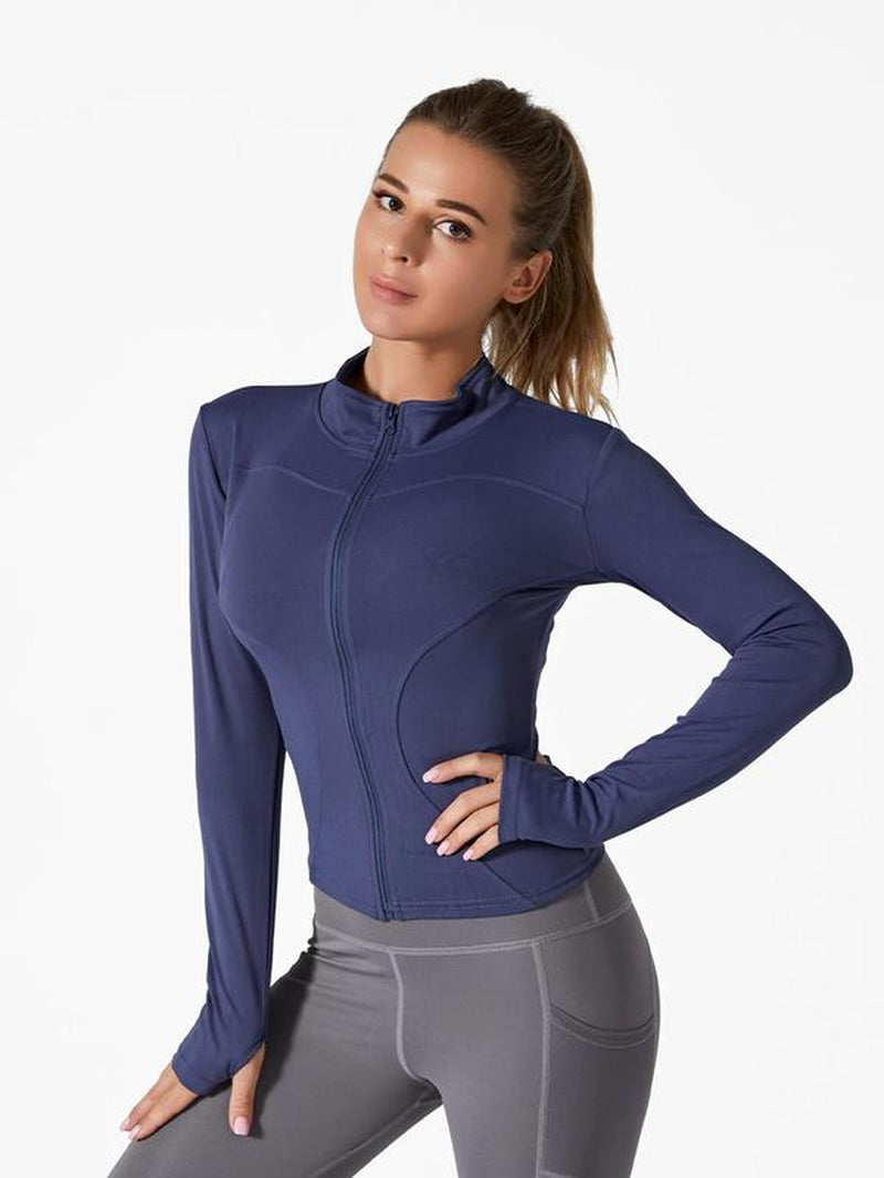 Sporty Women'S Solid Full Zip up Mock Neck Sports Track Jacket, Sport BBL Jackets, Breathable Running Thumb Hole Long Sleeve Jacket, Zip up Sportswear, Define Jacket, Workout Top for Women, Gym Clothing, Womenswear Sport Clothing, Jacket for Women