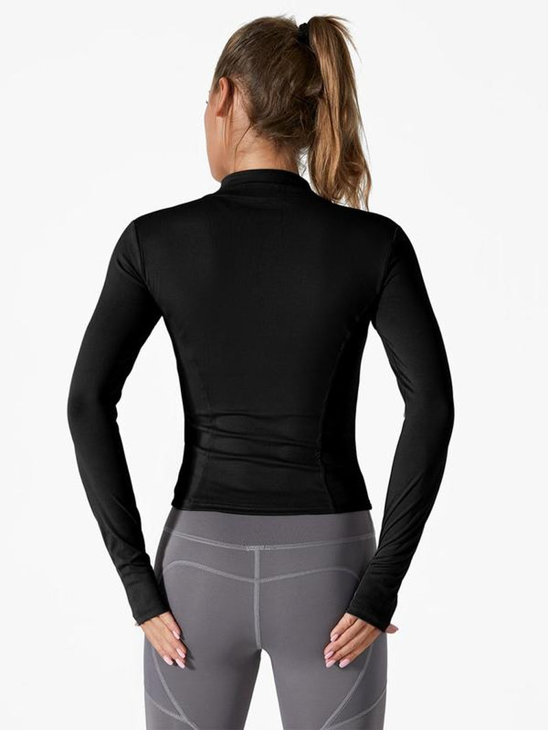 Sporty Women'S Solid Full Zip up Mock Neck Sports Track Jacket, Sport BBL Jackets, Breathable Running Thumb Hole Long Sleeve Jacket, Zip up Sportswear, Define Jacket, Workout Top for Women, Gym Clothing, Womenswear Sport Clothing, Jacket for Women