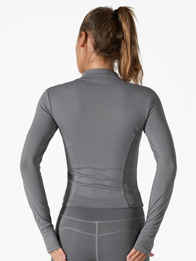 Sporty Women'S Solid Full Zip up Mock Neck Sports Track Jacket, Sport BBL Jackets, Breathable Running Thumb Hole Long Sleeve Jacket, Zip up Sportswear, Define Jacket, Workout Top for Women, Gym Clothing, Womenswear Sport Clothing, Jacket for Women