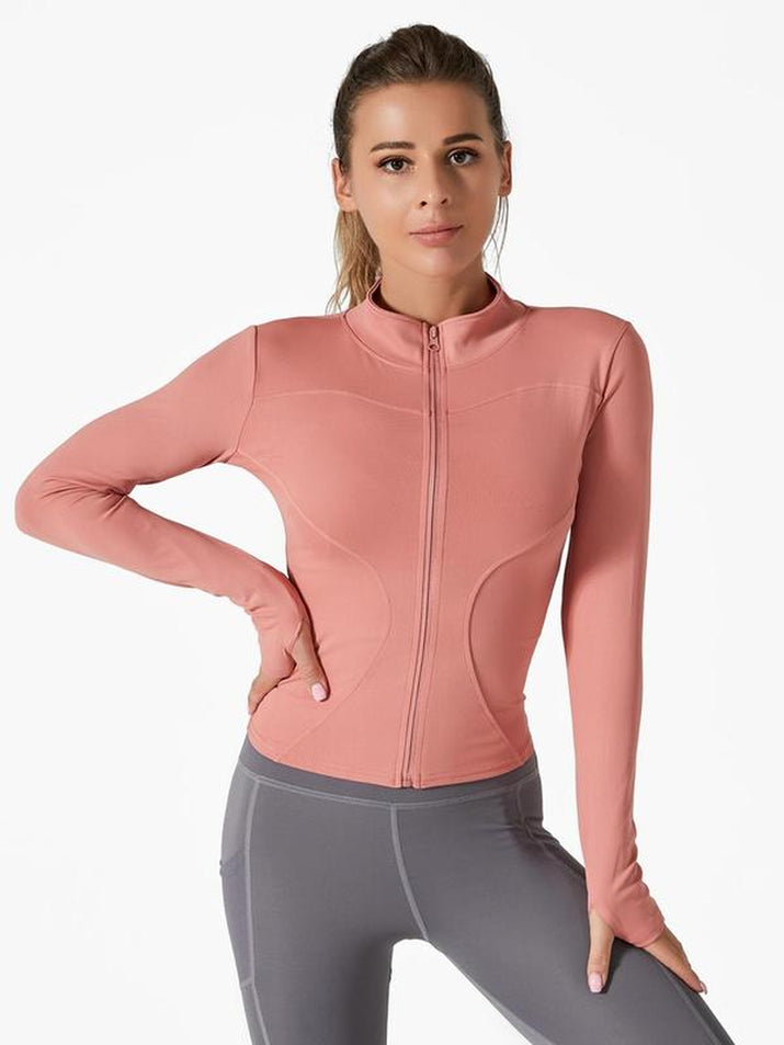 Sporty Women'S Solid Full Zip up Mock Neck Sports Track Jacket, Sport BBL Jackets, Breathable Running Thumb Hole Long Sleeve Jacket, Zip up Sportswear, Define Jacket, Workout Top for Women, Gym Clothing, Womenswear Sport Clothing, Jacket for Women