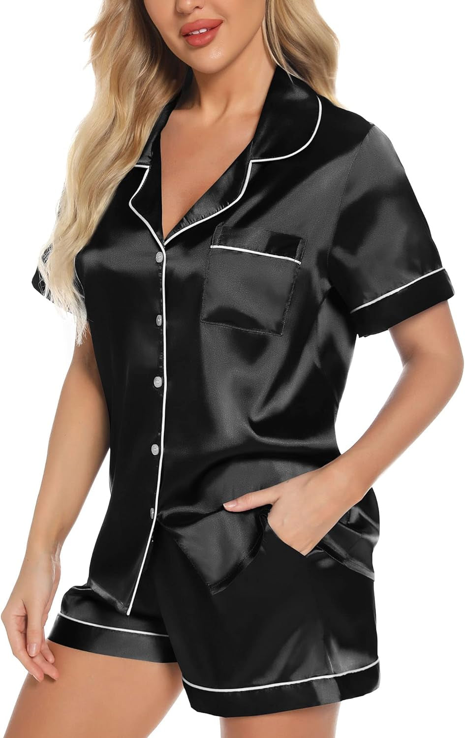 Women'S Silk Satin Pajamas Set Short Sleeve Sleepwear Two Piece Button down Pj Set with Pockets S-XXL