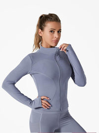 Sporty Women'S Solid Full Zip up Mock Neck Sports Track Jacket, Sport BBL Jackets, Breathable Running Thumb Hole Long Sleeve Jacket, Zip up Sportswear, Define Jacket, Workout Top for Women, Gym Clothing, Womenswear Sport Clothing, Jacket for Women