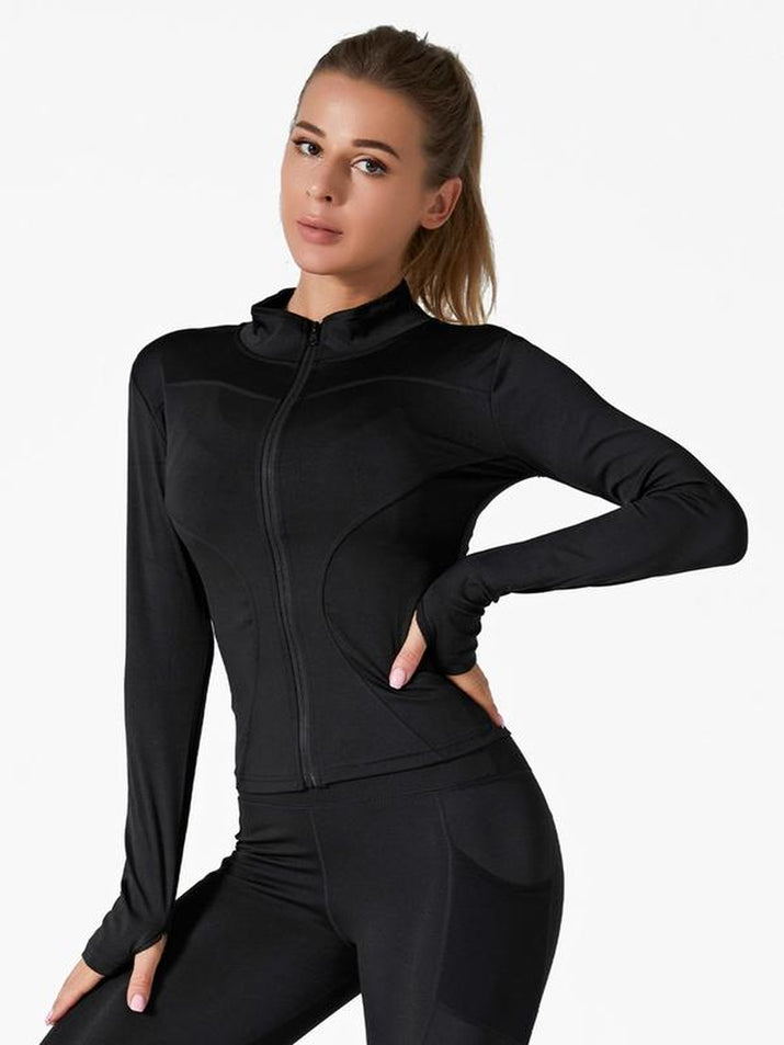 Sporty Women'S Solid Full Zip up Mock Neck Sports Track Jacket, Sport BBL Jackets, Breathable Running Thumb Hole Long Sleeve Jacket, Zip up Sportswear, Define Jacket, Workout Top for Women, Gym Clothing, Womenswear Sport Clothing, Jacket for Women